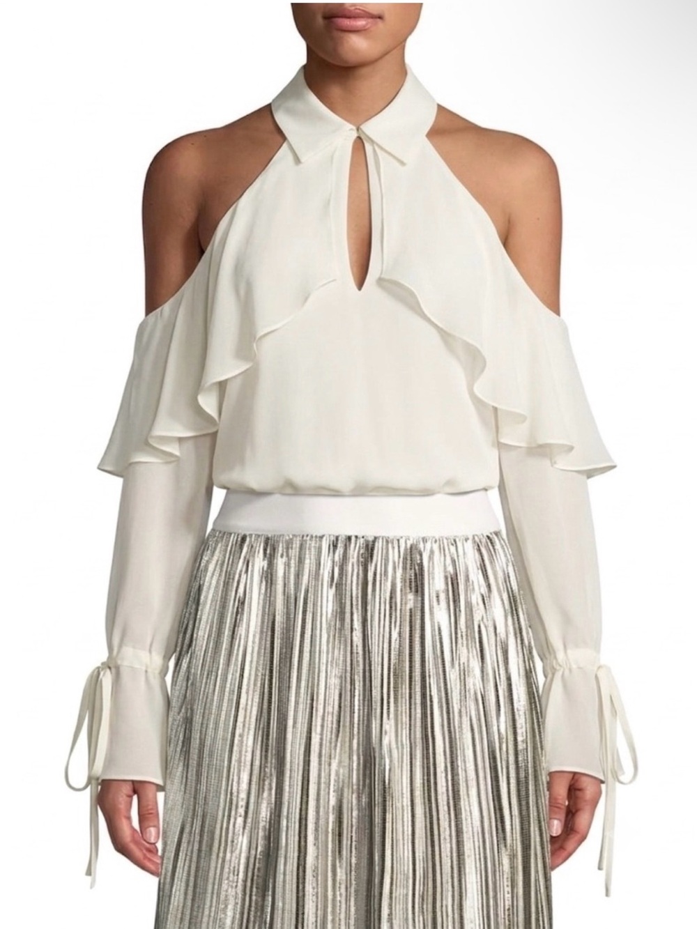 Alice + Olivia Ivory Cold-Shoulder Ruffle Halter Top 100% Silk